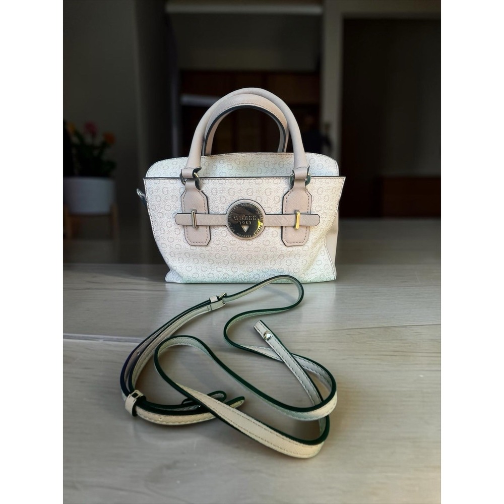 GUESS Logo Satchel Beige Pink Detachable Strap Silver Hardware Handled *READ